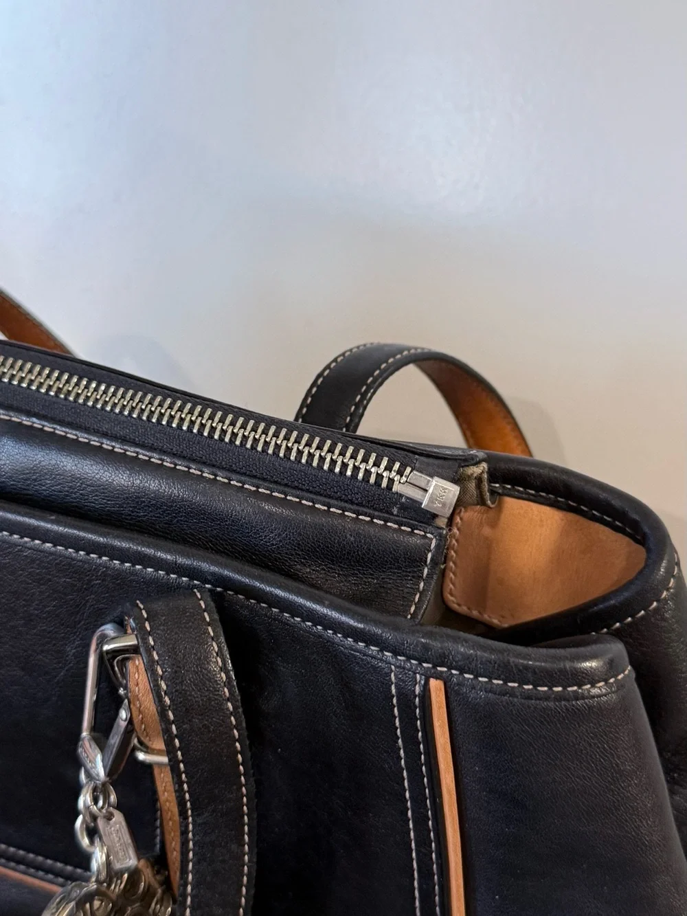 Black and Tan Leather Tote Bag with Contrast Trim